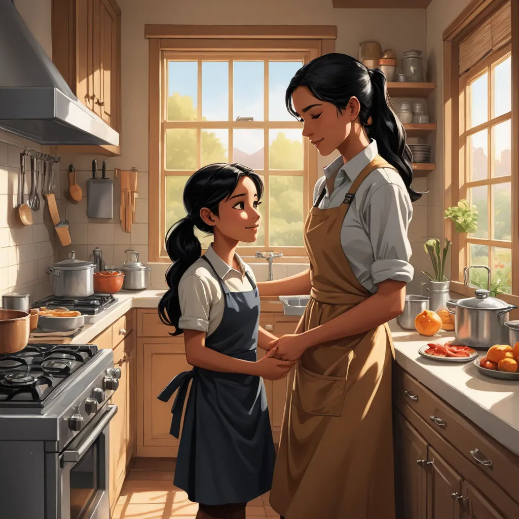 a woman and a girl are in a kitchen together, cooking and looking at each other's hands, american scene painting, a storybook illustration, Aaron Jasinski, official art