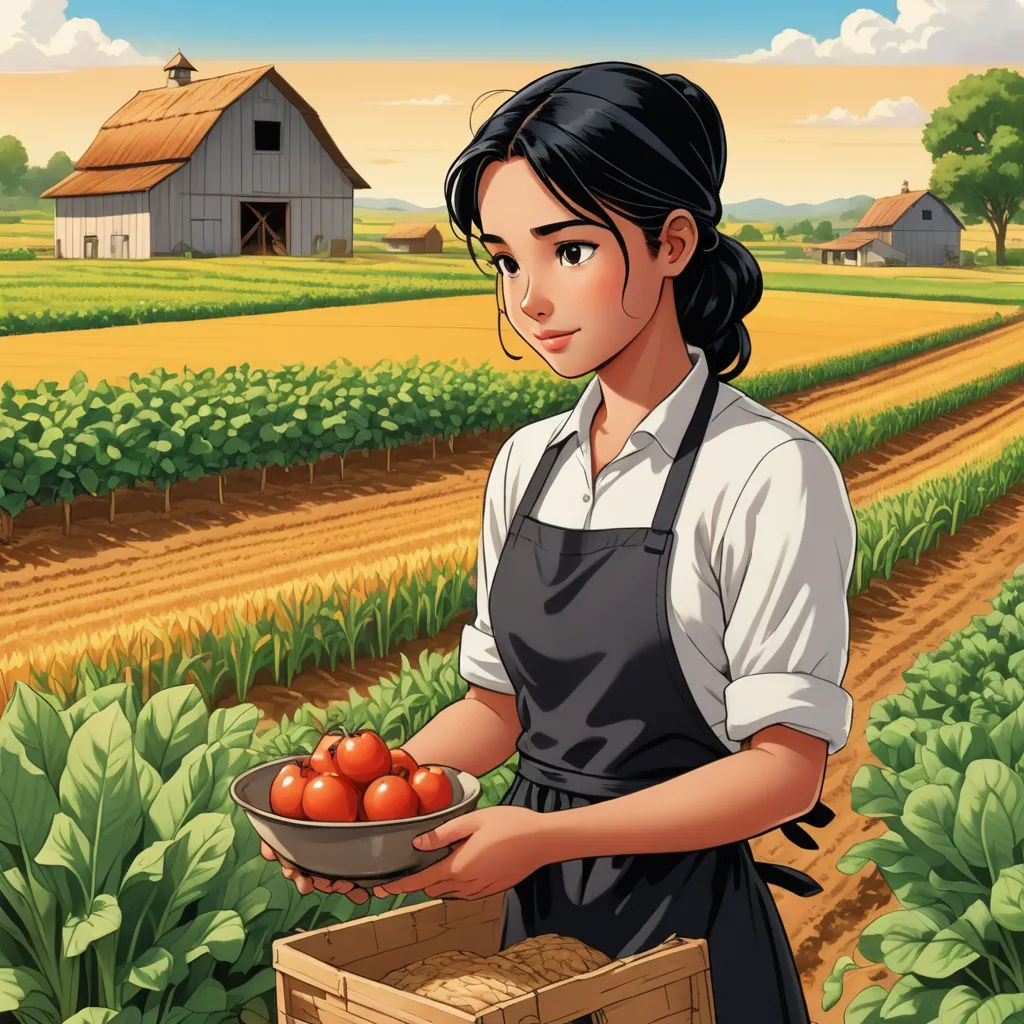 a woman holding a bowl of tomatoes in a field with a farm in the background and a barn in the background, socialist realism, computer graphics, Bourgeois, official art