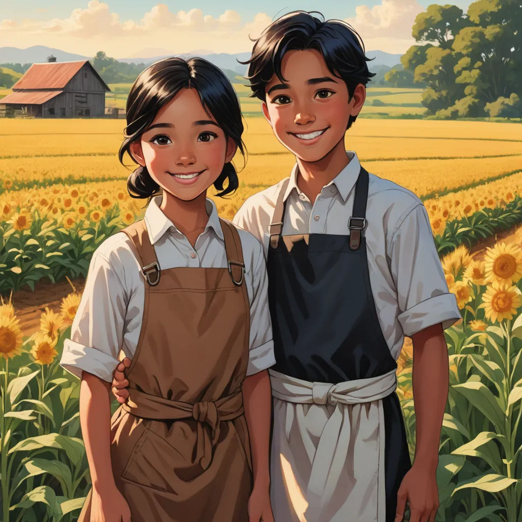 a painting of two children standing in a field of sunflowers with a barn in the background and a field of sunflowers, american scene painting, a storybook illustration, Brothers Hildebrandt, cushart krenz