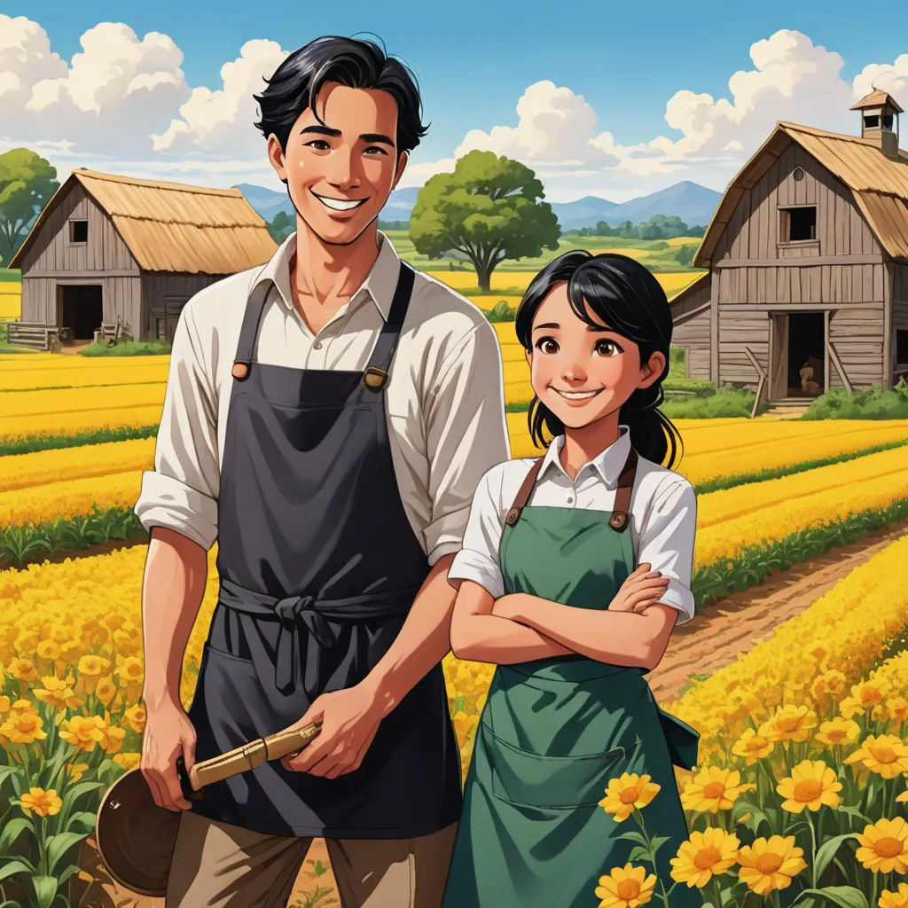 a man and a woman standing in a field of flowers with a farm house in the background and a sunflower field, american scene painting, a storybook illustration, Brothers Hildebrandt, official art