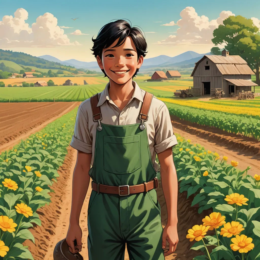 a painting of a boy in a field with a watering can in his hand and a farm in the background, american scene painting, a character portrait, Aaron Jasinski, official art