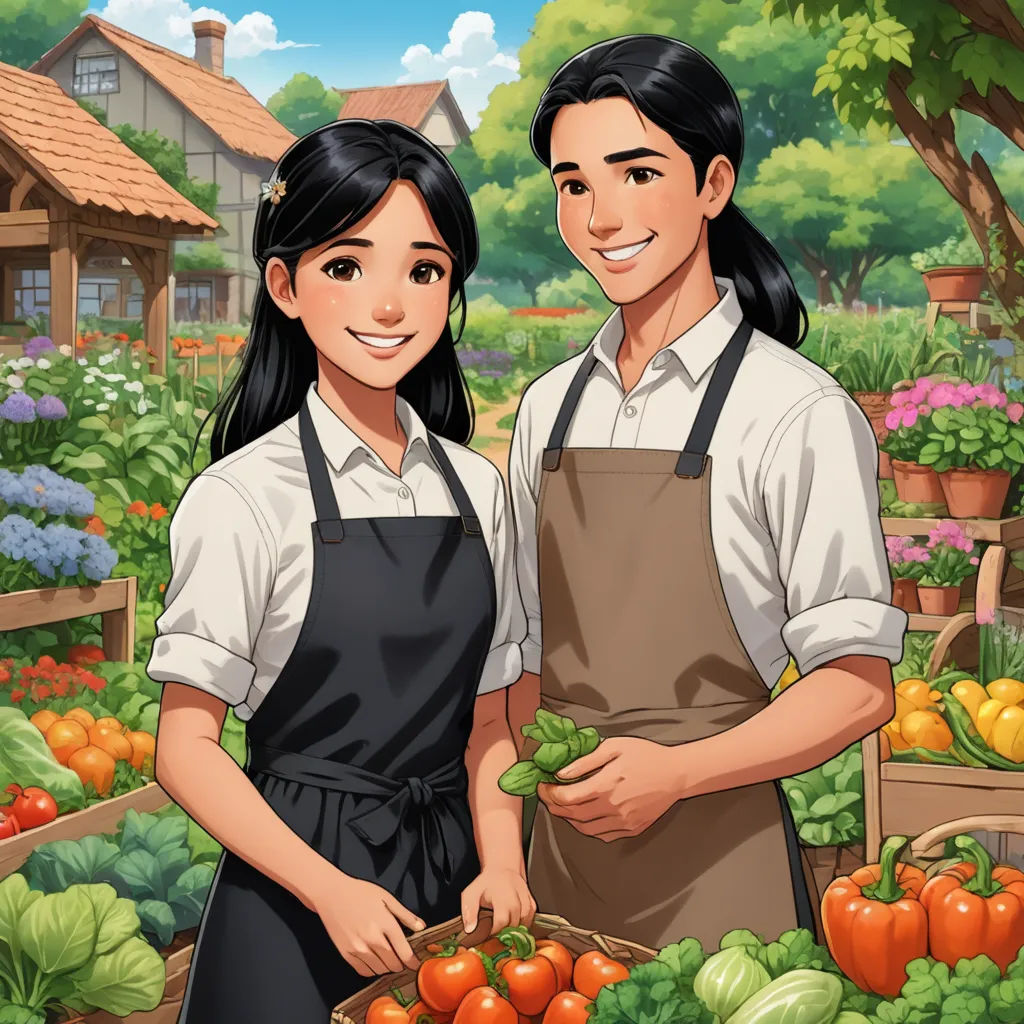 a man and woman standing in front of a garden filled with vegetables and fruit in a wooden crate with a basket of vegetables, synthetism, a stock photo, Bourgeois, official art