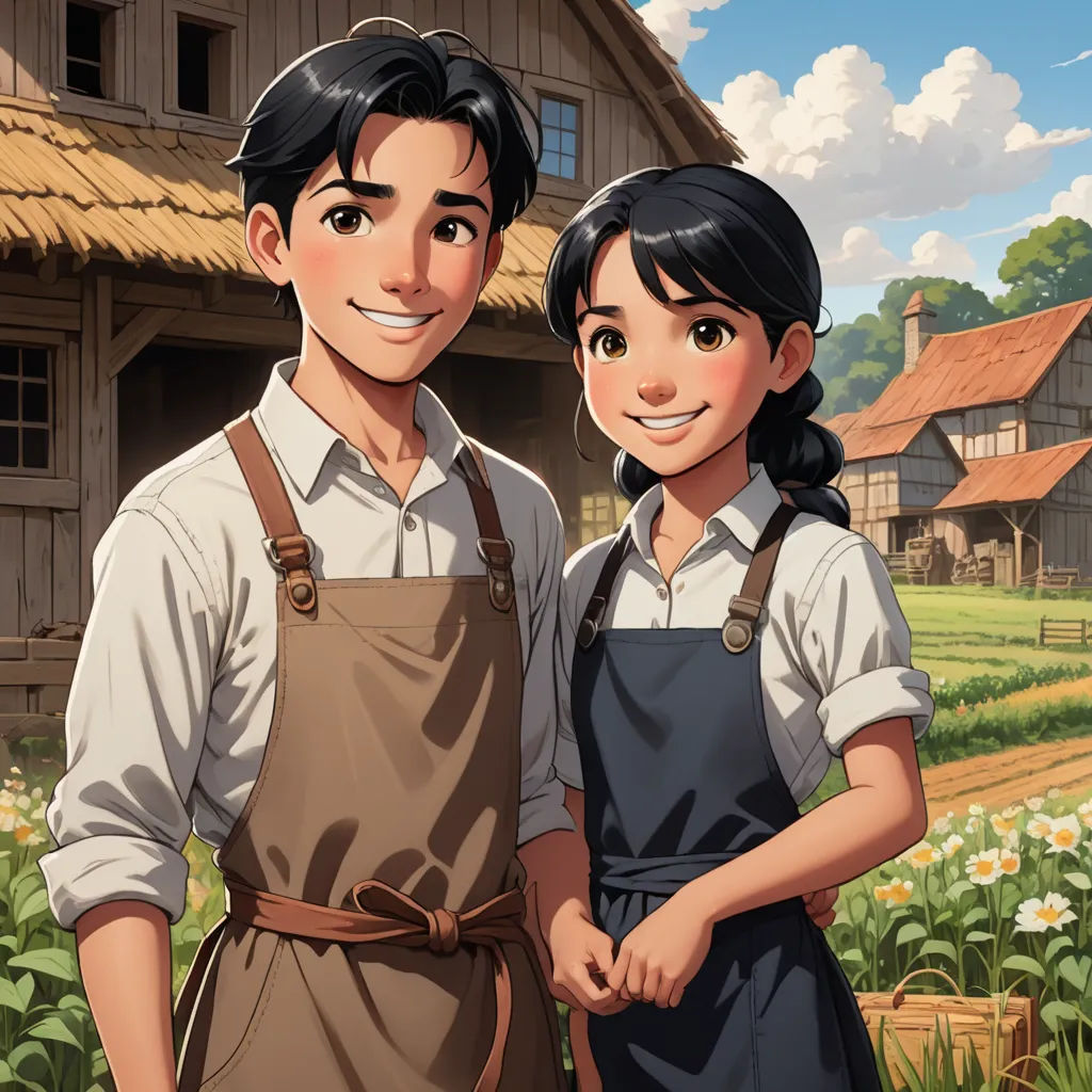 a man and a woman standing in front of a farm house with a field of flowers in front of them, socialist realism, concept art, Fernando Amorsolo, official art
