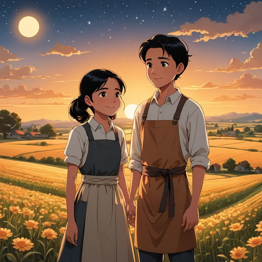 a man and a woman standing in a field of flowers at sunset with the sun setting behind them and a field of flowers in the foreground, neo-romanticism, poster art, Anne Said, official art