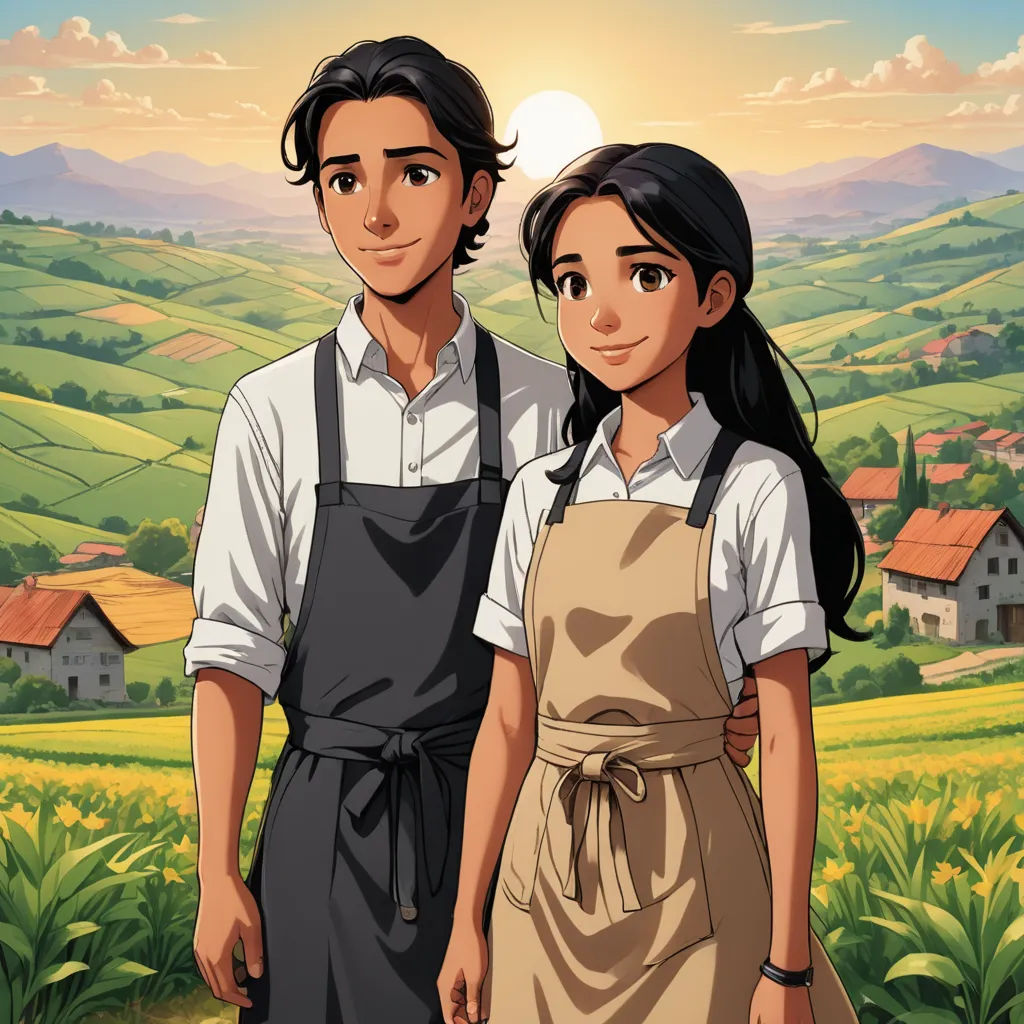 a man and a woman standing in front of a field of crops with a sunset in the background and a farm, synthetism, computer graphics, Anne Said, official art