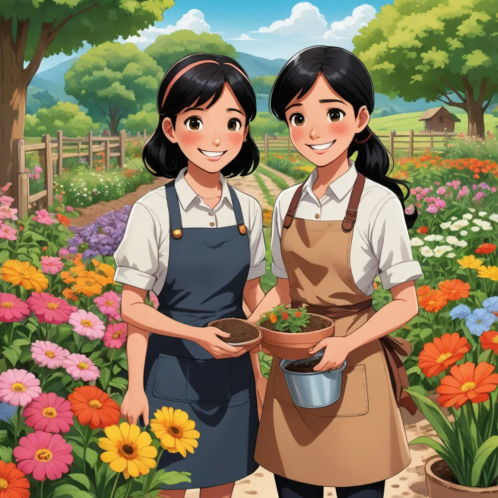 two women are holding a potted plant in a garden with flowers in it and a fence in the background, serial art, a storybook illustration, Brothers Hildebrandt, official art