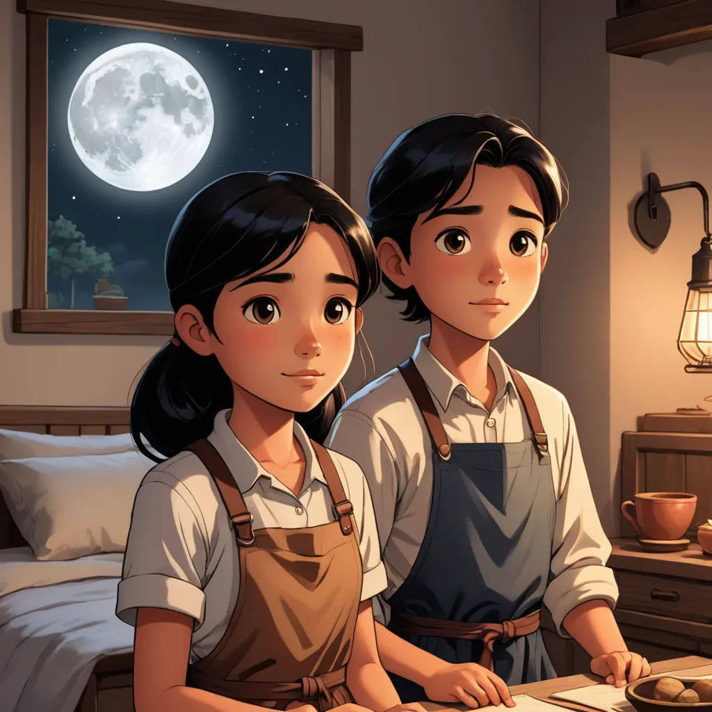a couple of people standing in front of a bed in a room with a window and a moon in the sky, serial art, a storybook illustration, Byeon Sang-byeok, trending on art station