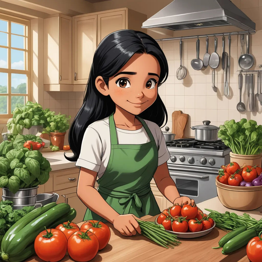a girl in a kitchen with vegetables on the counter and a pot of tomatoes on the counter top next to her, sots art, a stock photo, Cliff Childs, official art
