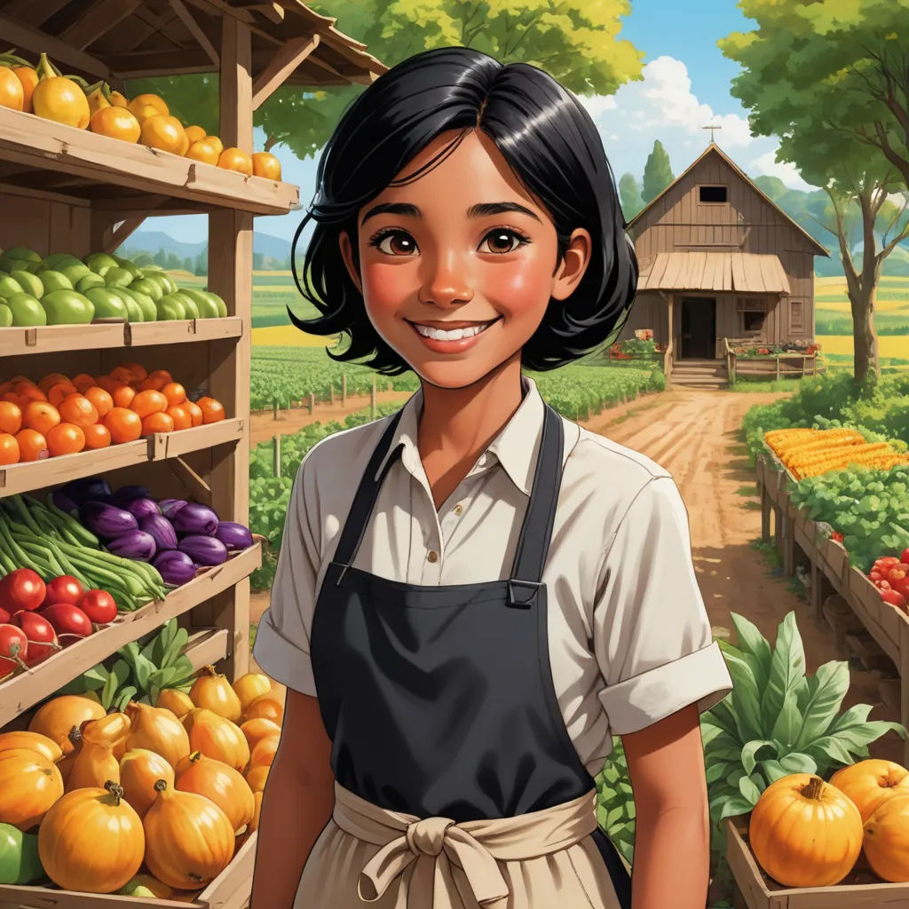 a cartoon girl standing in front of a produce stand with a variety of fruits and vegetables in it and a farm in the background, socialist realism, a storybook illustration, Colin Middleton, game art