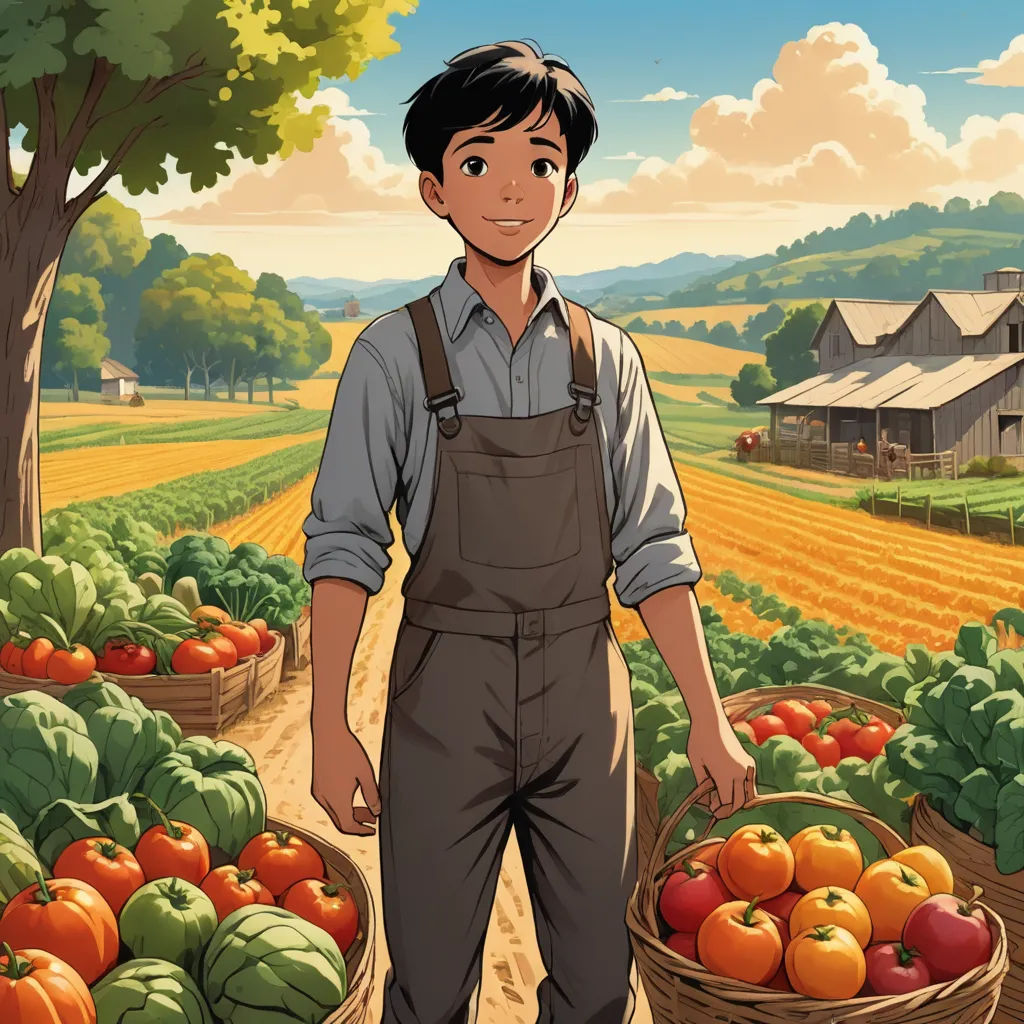 a man standing in front of a basket of fruit in a field with a farm in the background and a house in the background, environmental art, poster art, Adam Manyoki, official art