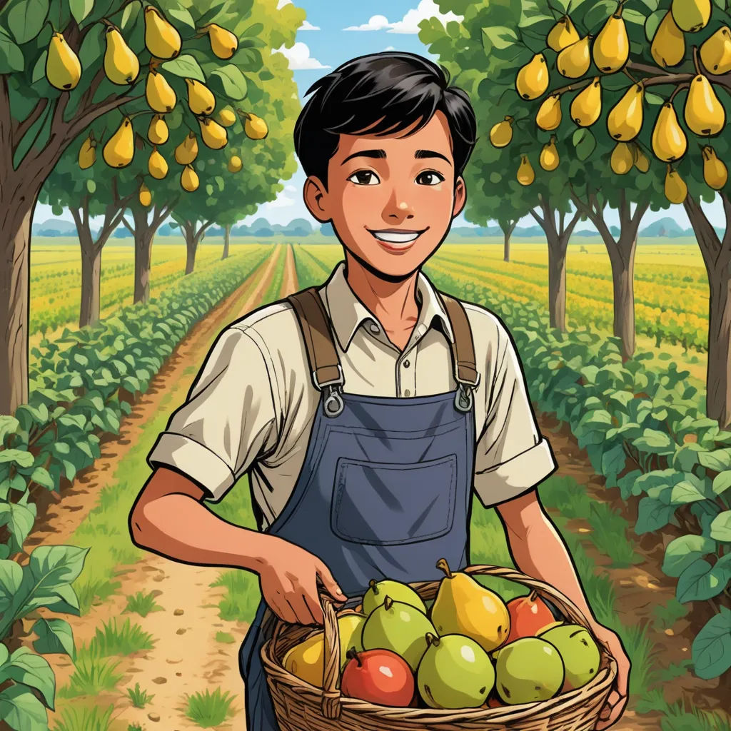 a man holding a basket of fruit in a field of lemons and pears on a sunny day, lyco art, a storybook illustration, Anthony Devas, promotional image