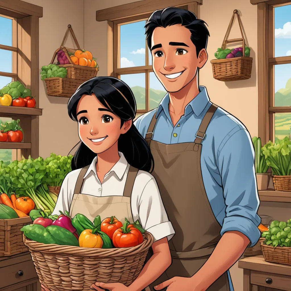 a man and a woman holding a basket of vegetables in a store with a window behind them and a basket of vegetables in the foreground, sots art, a stock photo, Fernando Amorsolo, game art