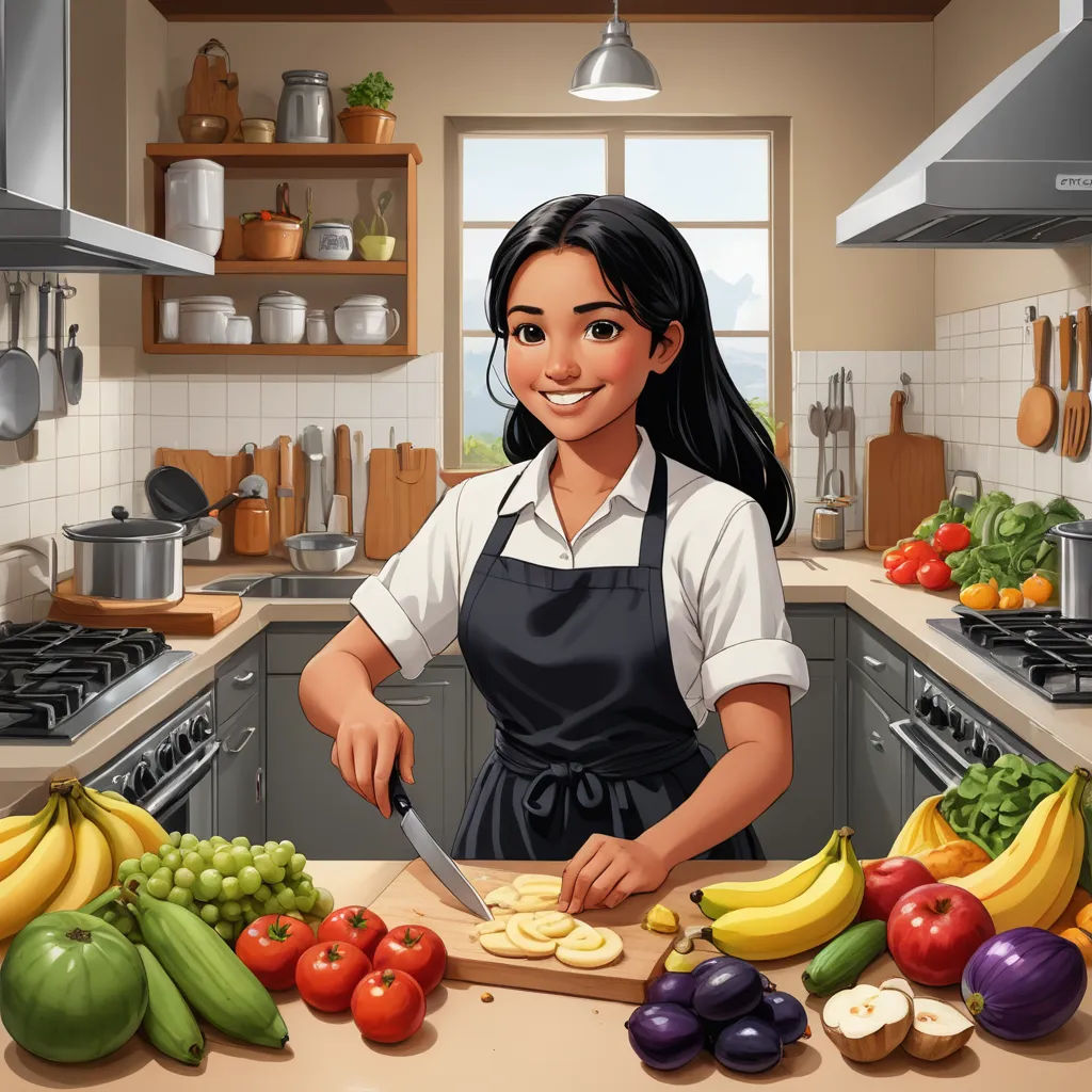 a woman in a kitchen cutting up some food on a cutting board with a knife and a knife in her hand, sots art, a character portrait, Alice Prin, character art