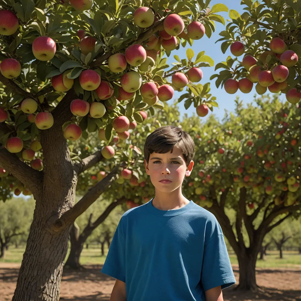 a boy standing under a tree with lots of apples on it's branches and a blue shirt on, precisionism, a stock photo, David Budd, promotional image