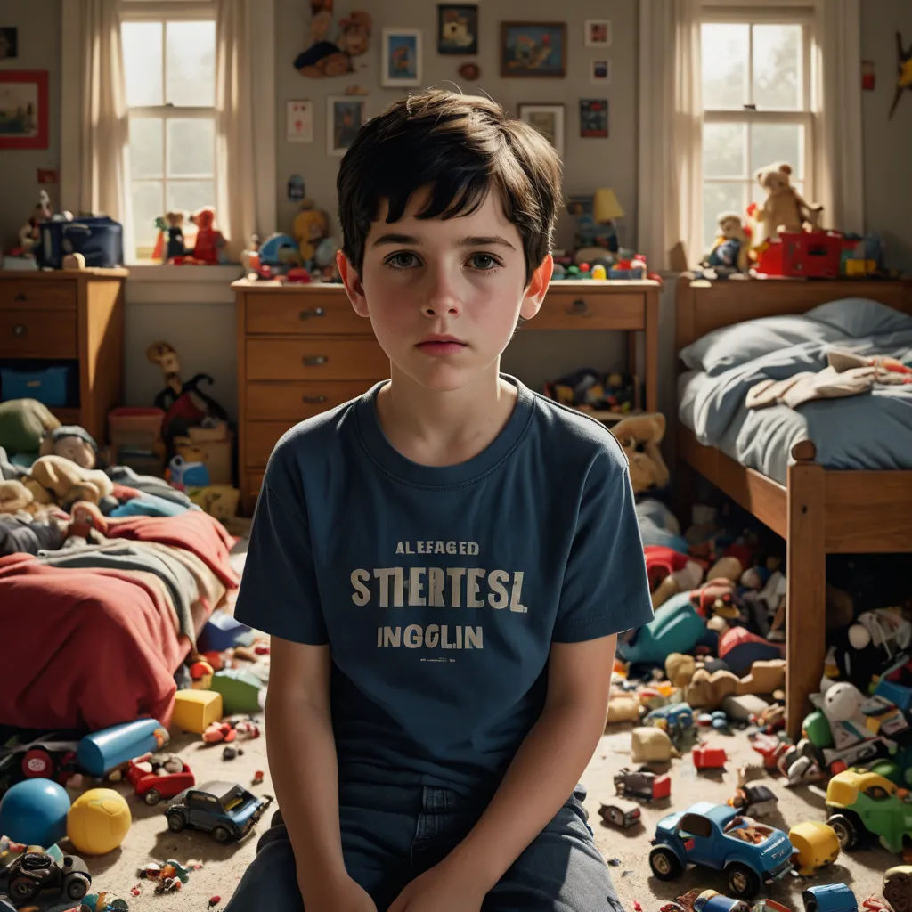 a boy sitting on the floor in a messy room with toys all around him and a messy bed in the background, shock art, poster art, Adam Rex, promotional image