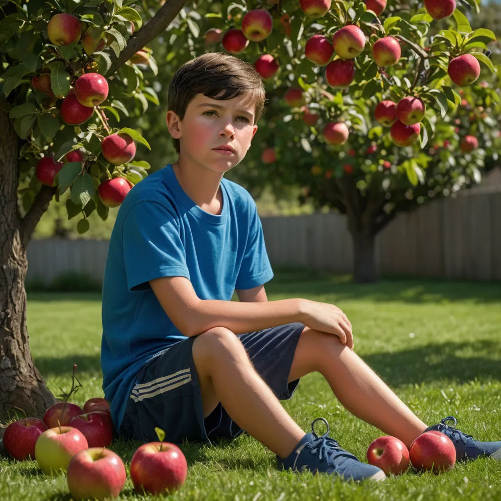 a boy sitting in the grass next to a tree with apples on it and a bunch of them on the ground, neoplasticism, a stock photo, Andries Stock, promotional image