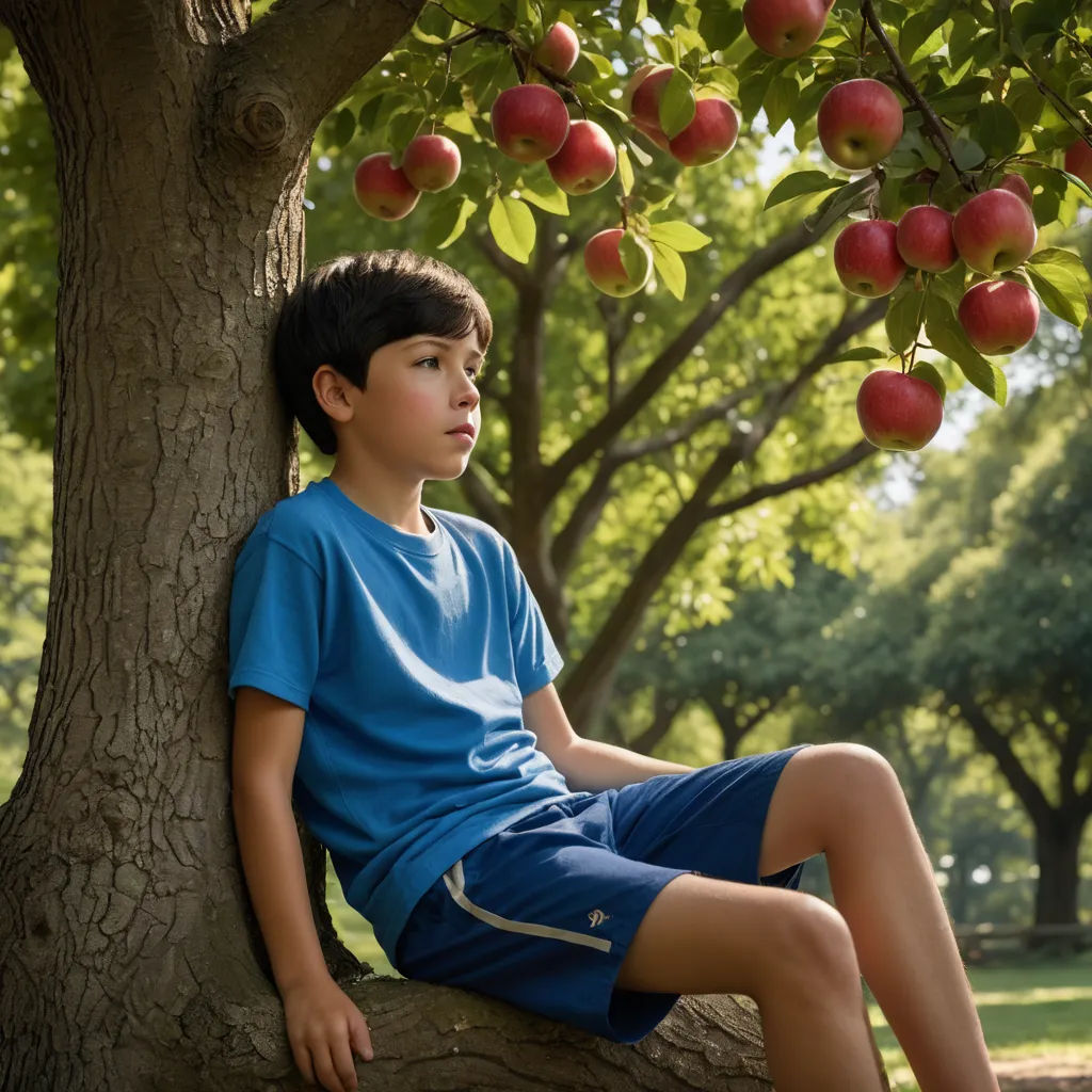 a young boy sitting in a tree with apples on it's branches and a blue shirt on his shirt, heidelberg school, a stock photo, David Budd, cinematic photography