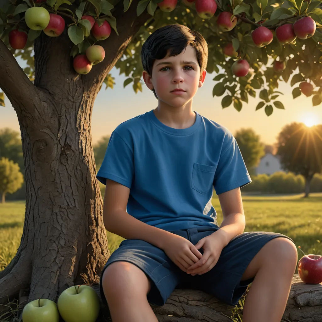 a boy sitting under a tree with apples on the ground and a sun in the background, with a tree with apples on the ground, photorealism, a hyperrealistic painting, Daniel Lieske, affinity photo