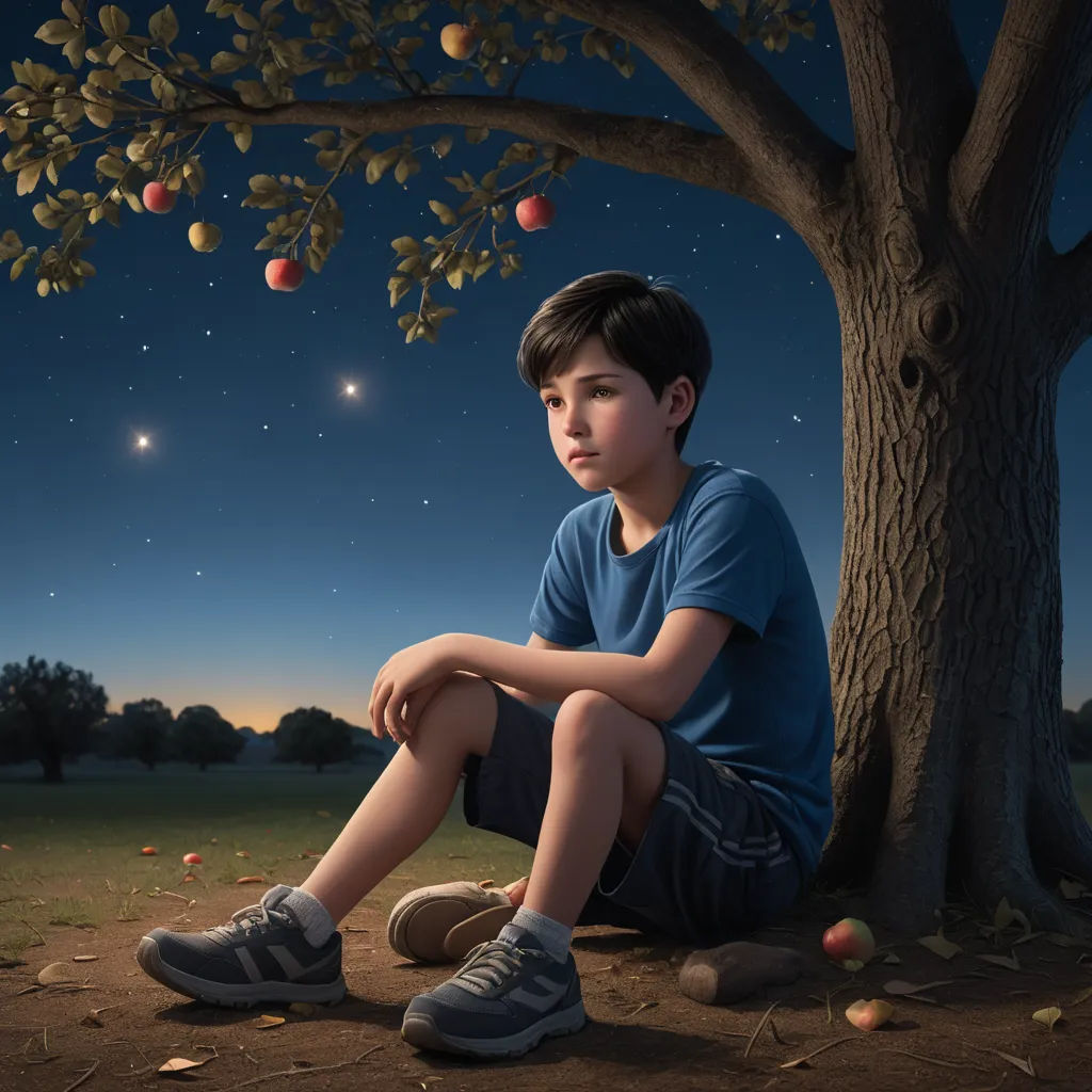 a boy sitting under a tree with apples on it and a moon in the sky above him and a tree with apples on it, precisionism, a hyperrealistic painting, Brad Kunkle, highly detailed digital painting