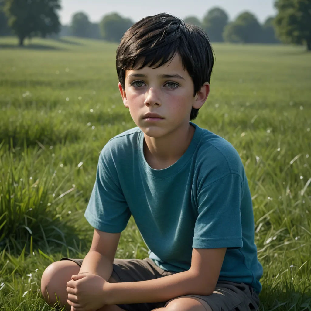 a boy sitting in the grass with his hands crossed and looking at the camera with a serious look on his face, barbizon school, a character portrait, David Budd, promotional image