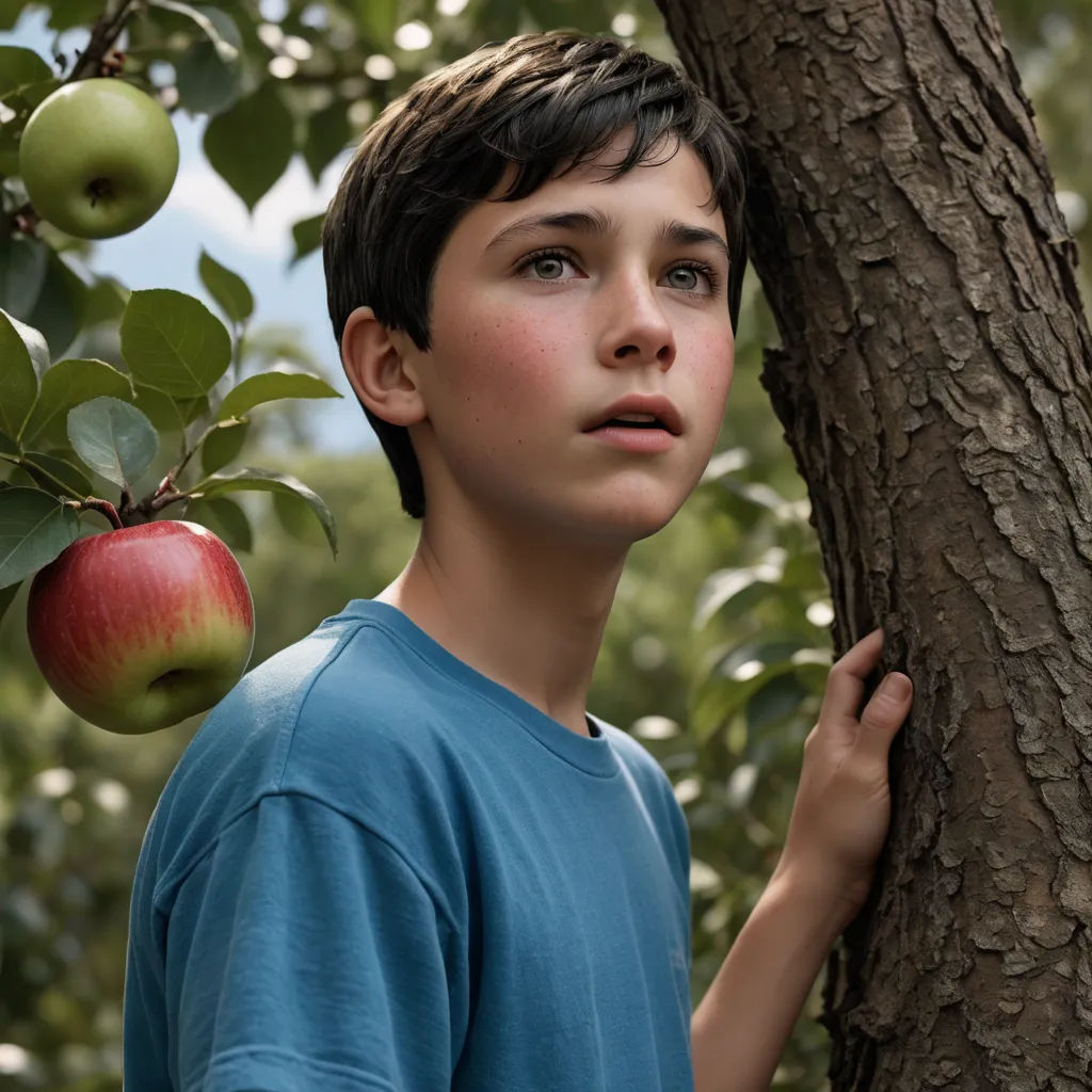 a boy is standing next to a tree with apples on it and looking up at the tree branch with the apple hanging from it, symbolism, a poster, David Budd, promotional image