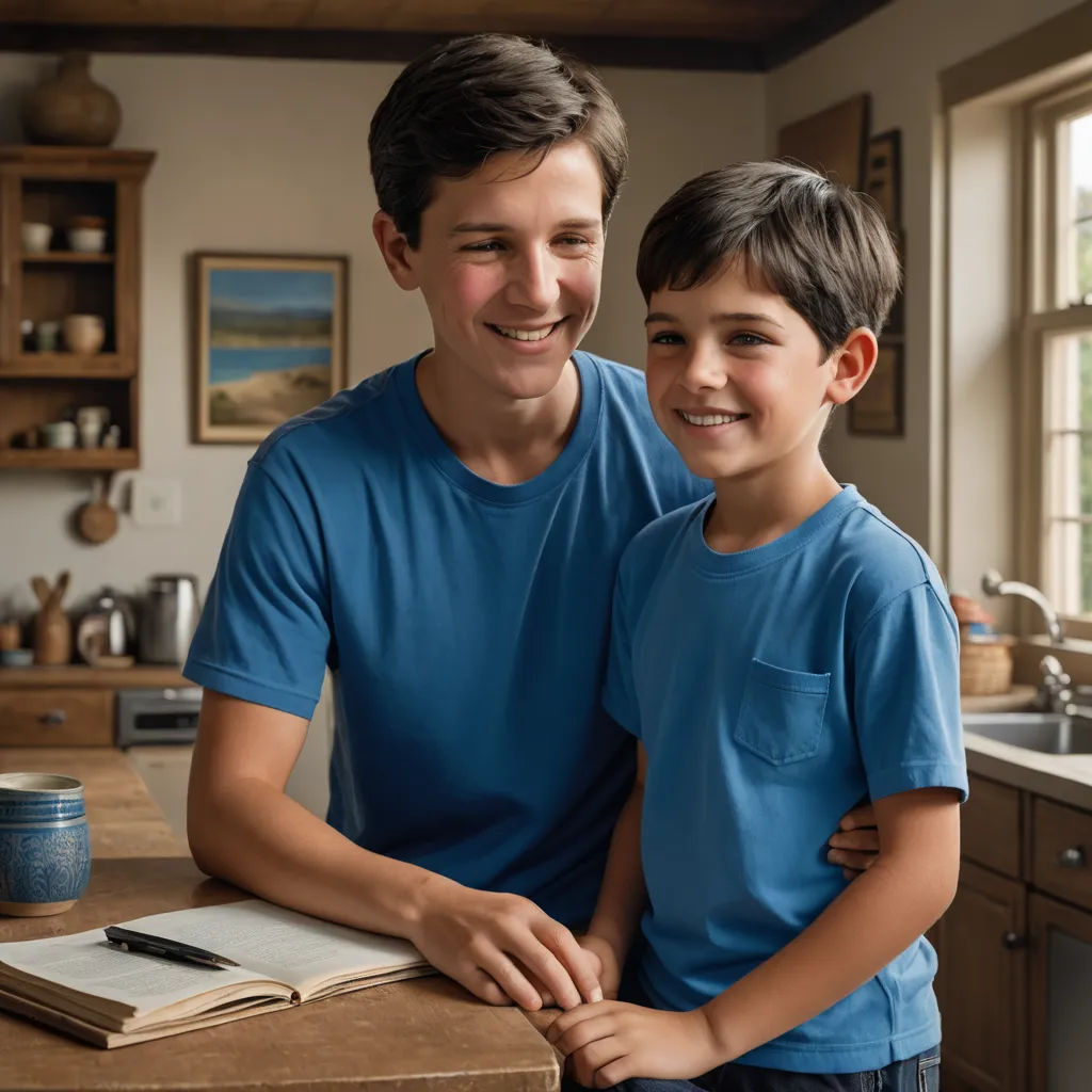 a man and a boy are standing in a kitchen together and smiling at the camera, with a book on the counter, photorealism, a stock photo, Andries Both, promotional image
