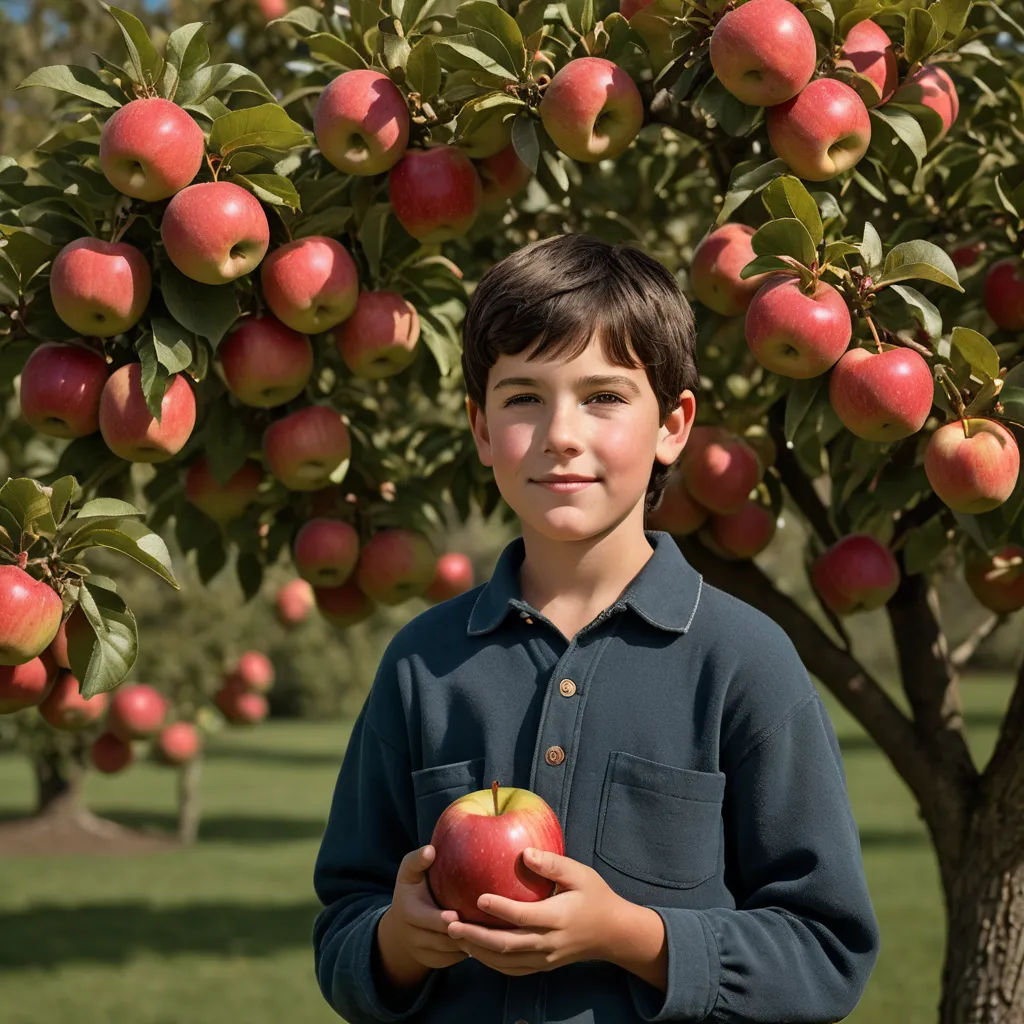 a boy standing in front of a tree holding an apple in his hands and smiling at the camera,, precisionism, a stock photo, David Budd, promotional image