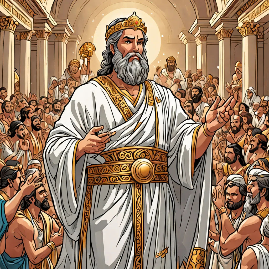 a man in a white robe and crown surrounded by people in a building with a golden crown on his head, incoherents, a detailed drawing, Edward Otho Cresap Ord, II, high detail illustration
