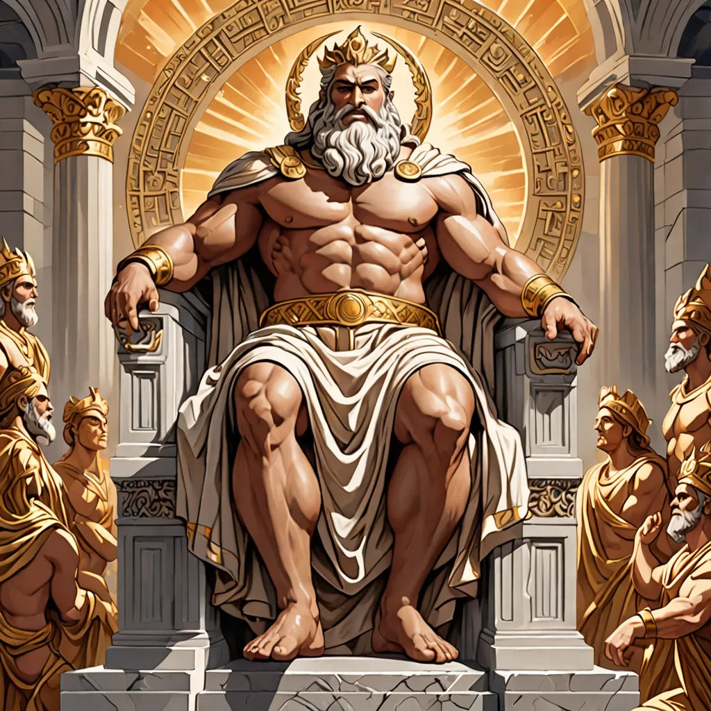 a painting of a man sitting on a throne surrounded by other men in ancient greek costumes and gold jewelry, unilalianism, a detailed drawing, Donato Giancola, rossdraws global illumination