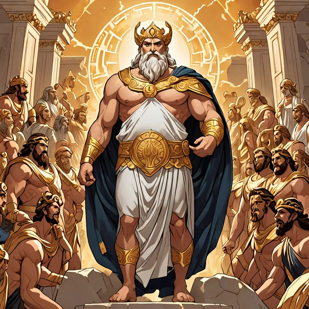a cartoon of a man standing in front of a crowd of men in ancient greek costumes and holding a sword, unilalianism, a comic book panel, Christophe Vacher, rossdraws global illumination