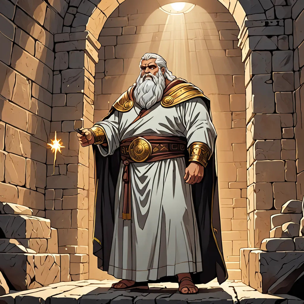 a cartoon of a man with a beard and a beard in a stone archway with a light shining on him, fantasy art, concept art, Christophe Vacher, rossdraws global illumination