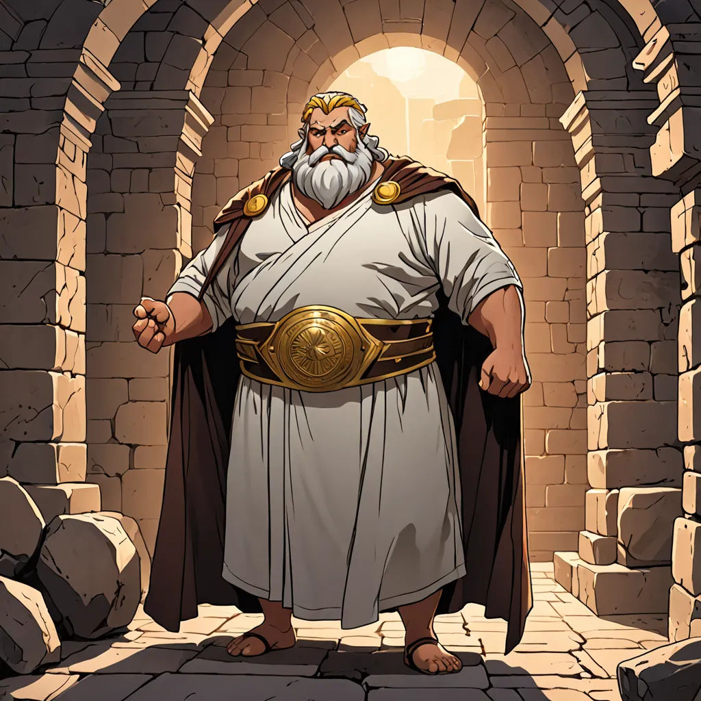 a cartoon of a man with a beard and a beard in a stone archway with a gold belt on, fantasy art, concept art, Cliff Childs, official art