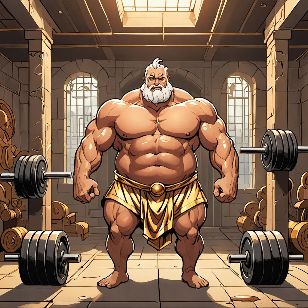 a cartoon of a man with a beard and a beard standing in a gym with a barbells, fantasy art, a comic book panel, Cliff Childs, league of legends splash art
