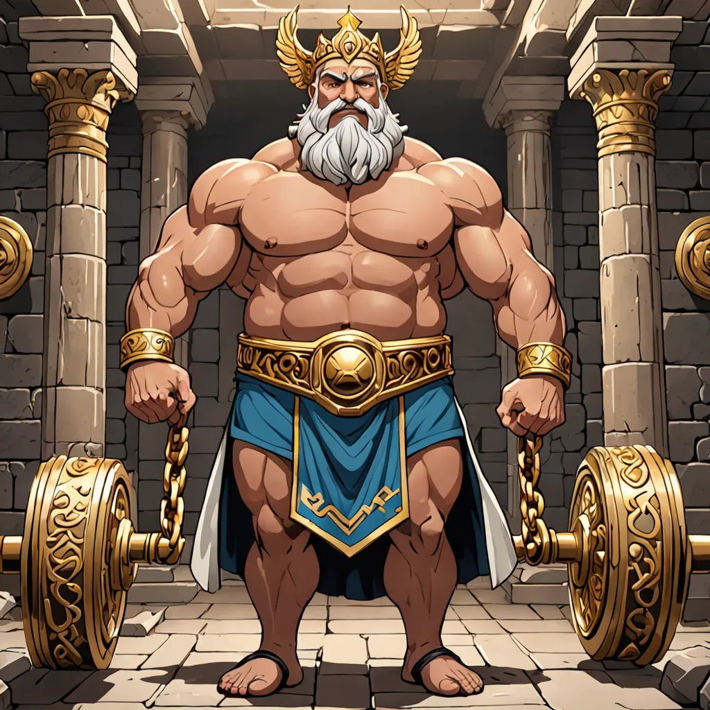 a cartoon of a man with a beard and a beard standing in front of a stone building with a golden chain around his waist, fantasy art, concept art, Bedwyr Williams, muscular