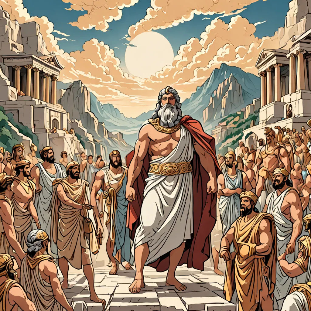 a painting of a man with a beard and a beard standing in front of a crowd of people in ancient greek costumes, neoclassicism, a comic book panel, Asaf Hanuka, highly detailed digital art