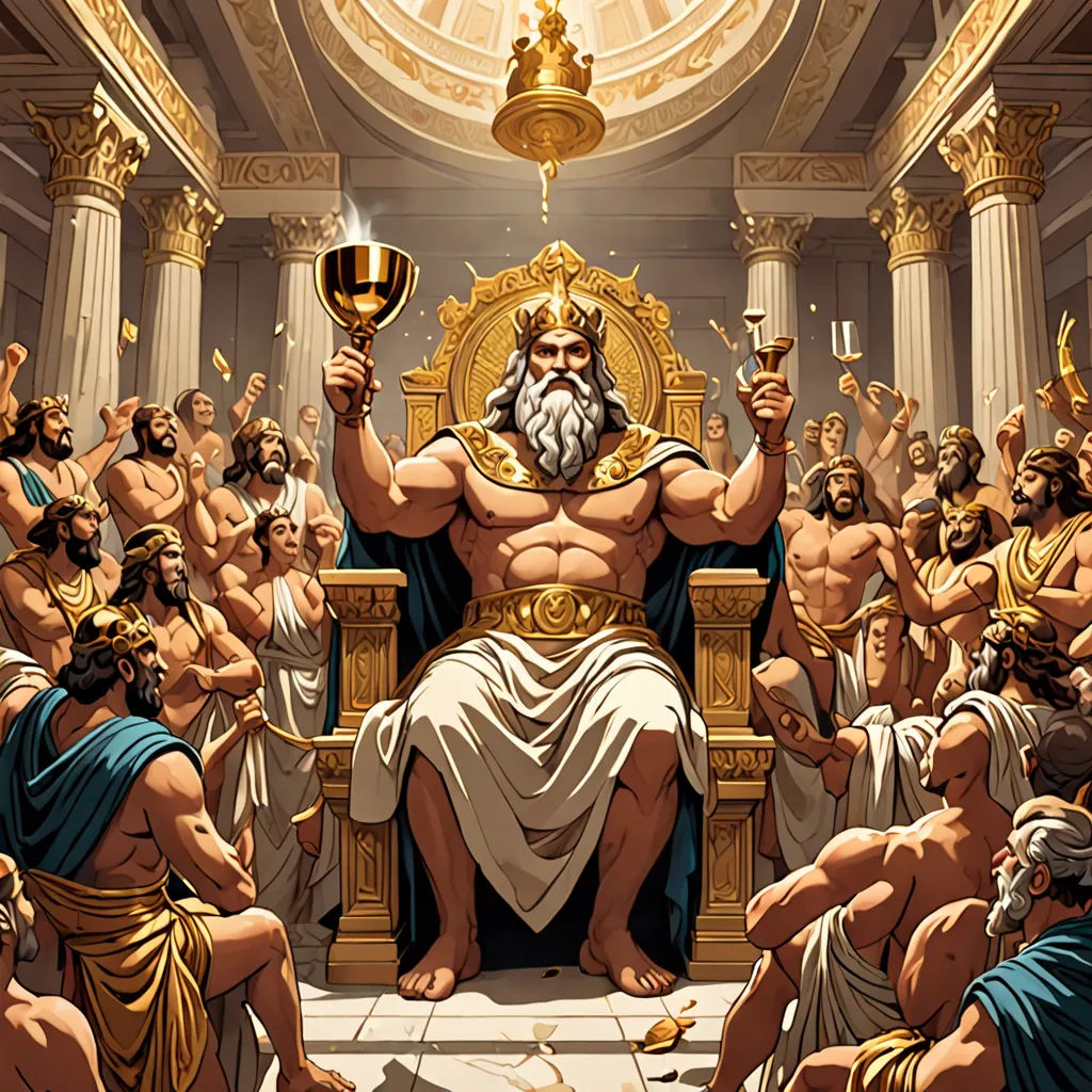 a painting of a man sitting on a throne surrounded by other men and holding a cup in his hand, neoism, a comic book panel, Edward Otho Cresap Ord, II, league of legends splash art