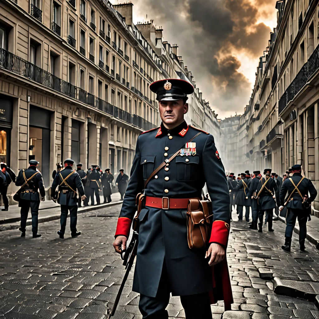 a man in a uniform is standing in a street with other men in uniform in the background and a cloudy sky, Didier Mouron, art photography, a detailed matte painting, cinematic photography