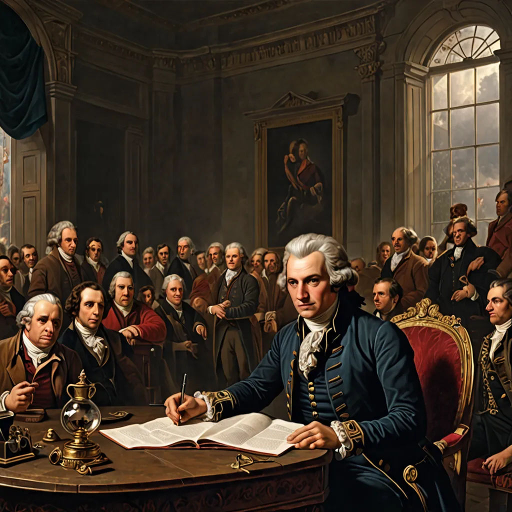 a painting of a man sitting at a table with a book in front of him and a group of people behind him, Benjamin West, american scene painting, a detailed painting, highly detailed oil painting
