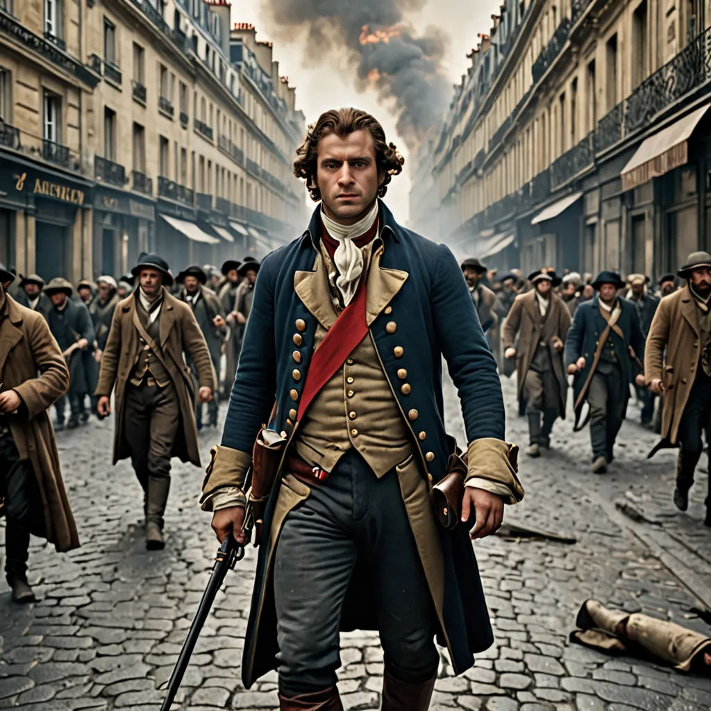 a man in a military uniform standing in a street with other men in the background and smoke billowing out of the sky, Antoine Verney-Carron, neoclassicism, a detailed matte painting, promotional image