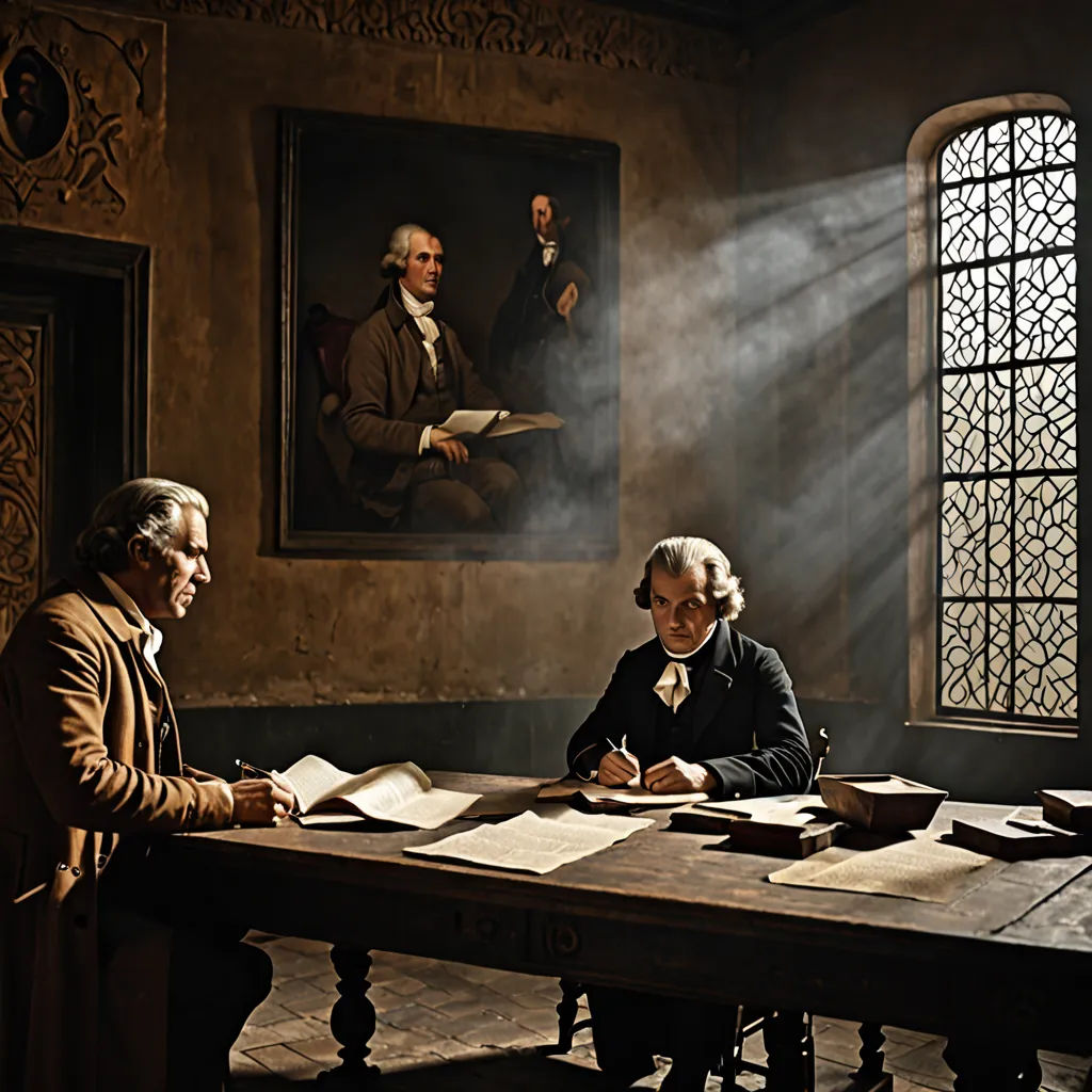 two men sitting at a table with papers and a book in front of them, in a room with paintings, Benjamin West, american scene painting, a detailed matte painting, promotional image