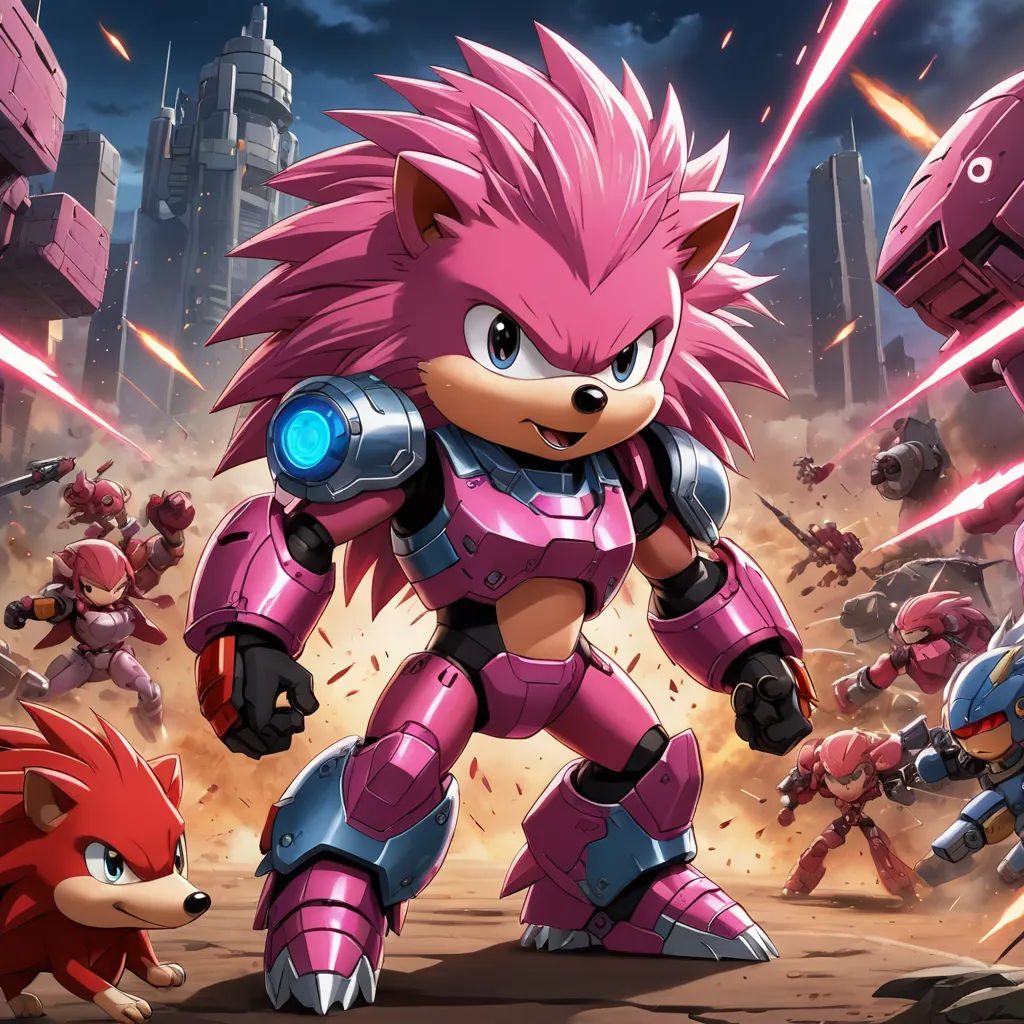 a cartoon character with a pink hair and a red fox in front of a city with other characters in the background, sots art, concept art, Chris LaBrooy, official art