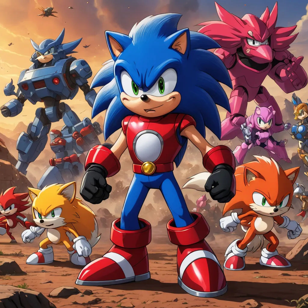 a group of sonic characters standing in front of a sky background with a robot in the background and a robot in the foreground, sots art, concept art, Adam Rex, official art