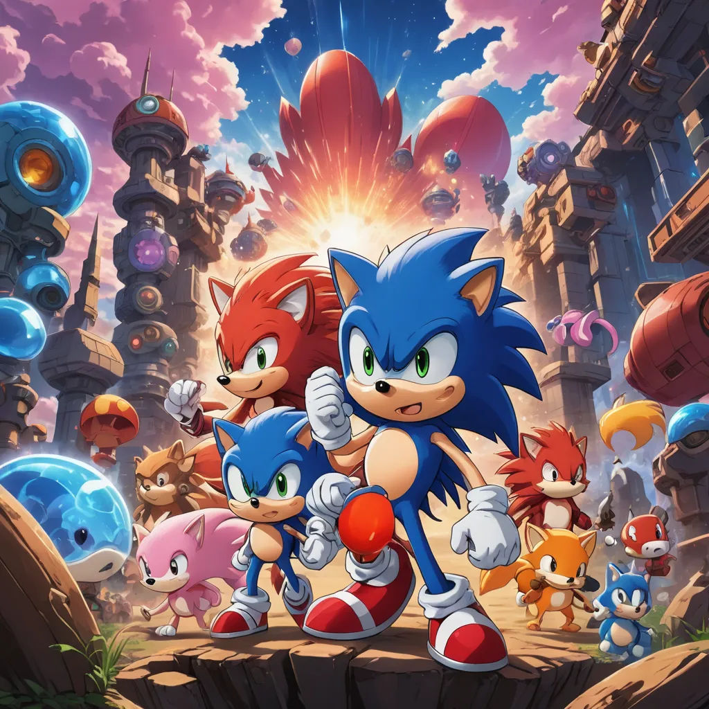 a group of sonic characters in a cartoon style scene with a sky background and clouds in the background, and a red and blue sonic character in the foreground, sots art, concept art, Chris LaBrooy, official art