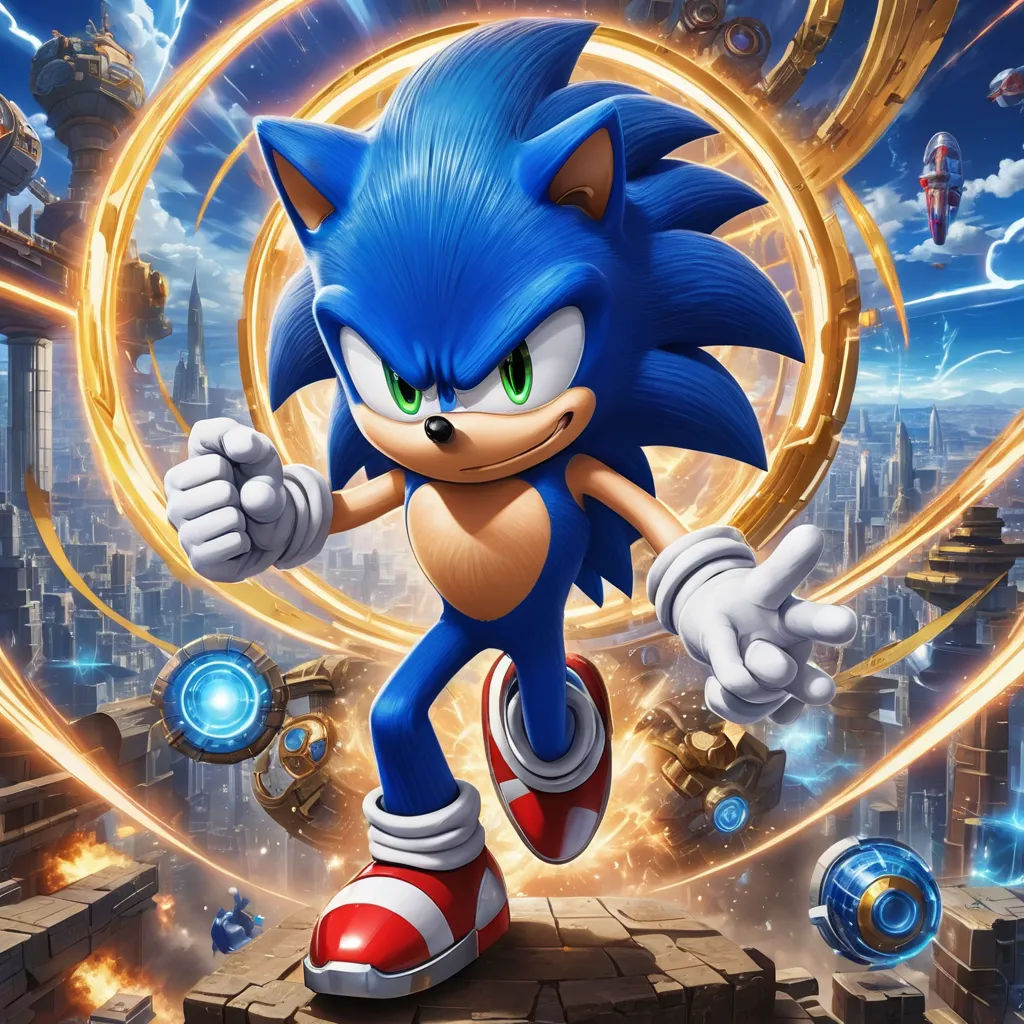 a sonic character in a futuristic city with a blue background and a gold ring around it's neck, sots art, concept art, Chris LaBrooy, key art