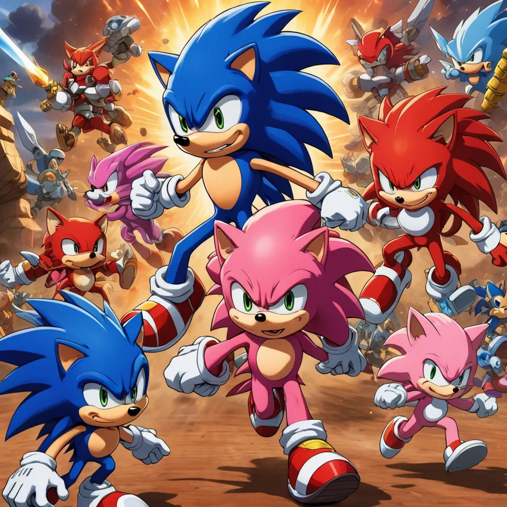 a group of sonic characters in a cartoon style scene with a sky background and a red and white sonic character, sots art, concept art, Anson Maddocks, official art