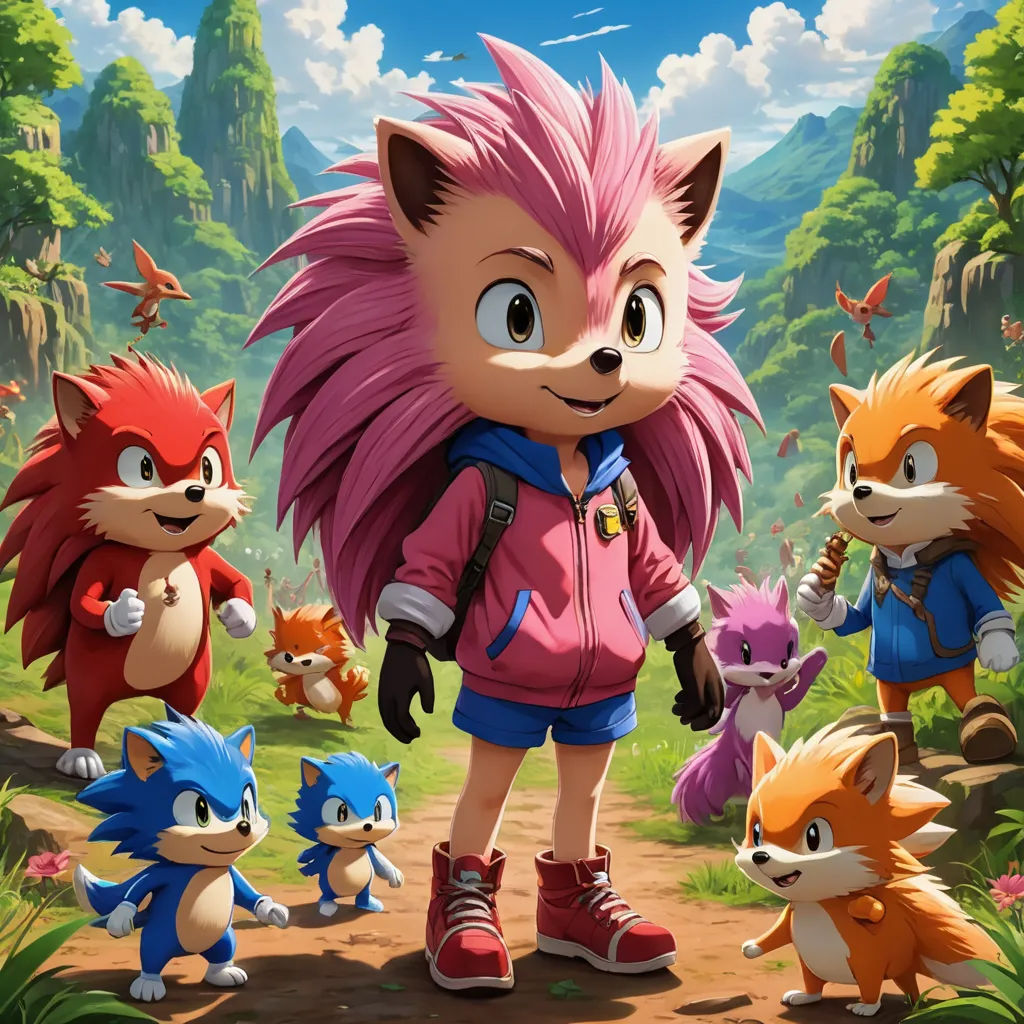 a cartoon character with many different animals in a forest area with a mountain background and a sky background with clouds, sots art, concept art, Chris LaBrooy, official art