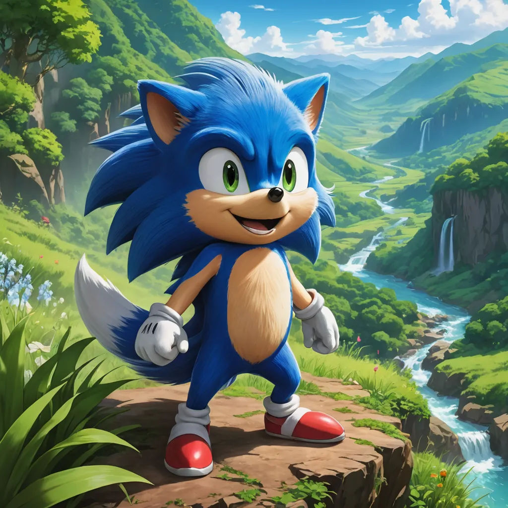 a cartoon character is walking on a hill near a river and a forest with a waterfall in the background, sots art, concept art, Chris LaBrooy, official art