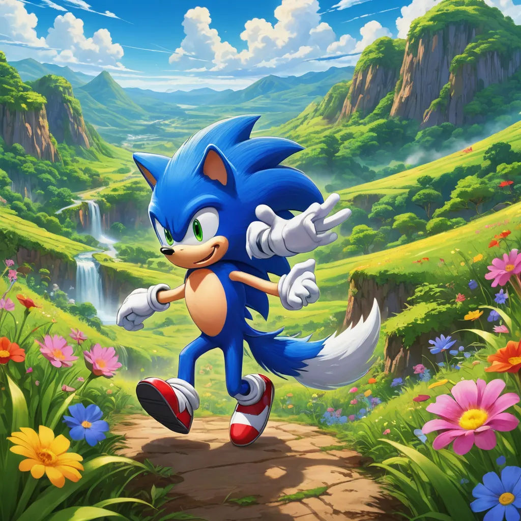 a cartoon character running across a lush green field with flowers and a waterfall in the background, in a sunny day, sots art, concept art, Chris LaBrooy, official art