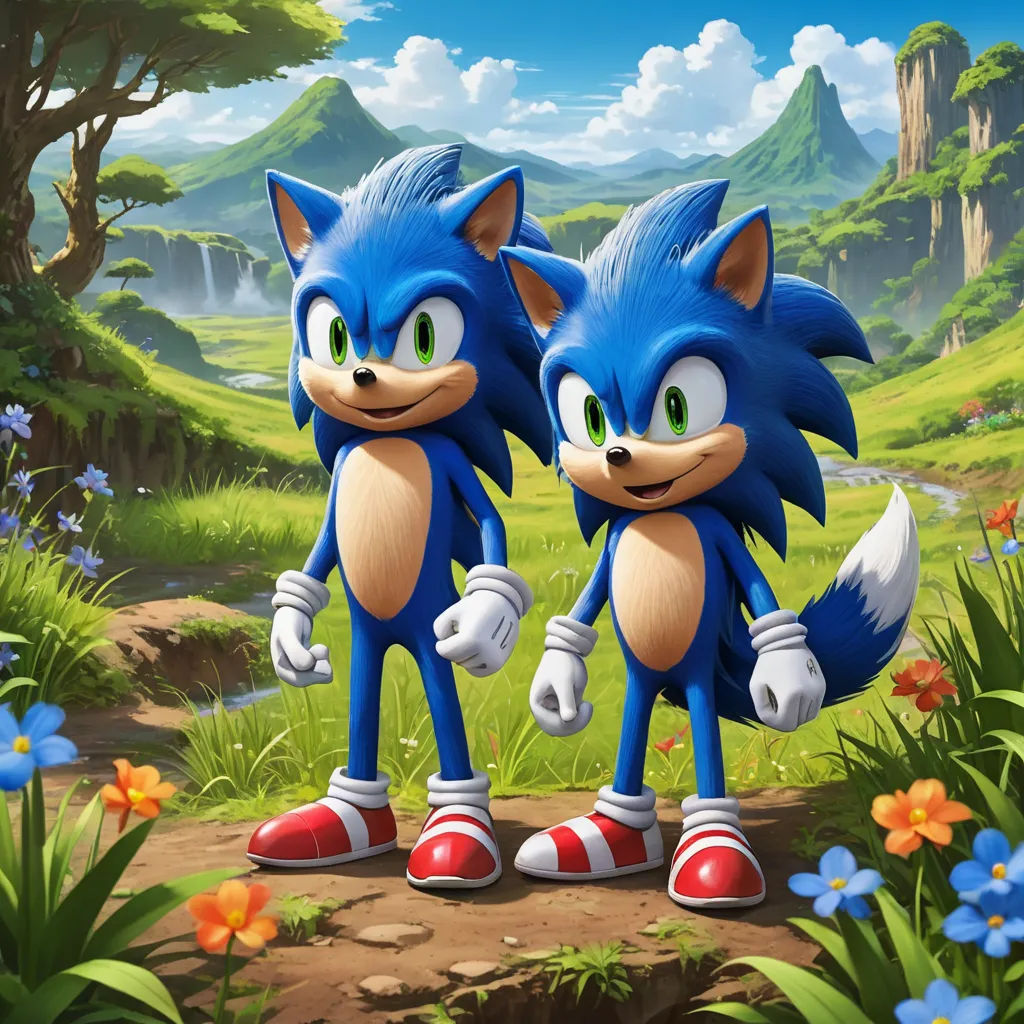 two sonic the hedgehogs are walking in the grass near a forest and a river with blue flowers, sots art, concept art, Chris LaBrooy, official art