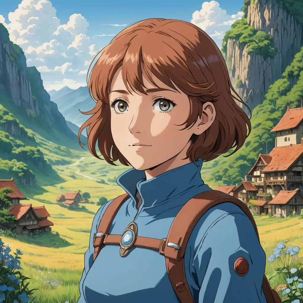 a woman in a blue shirt and a mountain in the background with a village in the background and a sky with clouds, sots art, a character portrait, Ada Hill Walker, official art